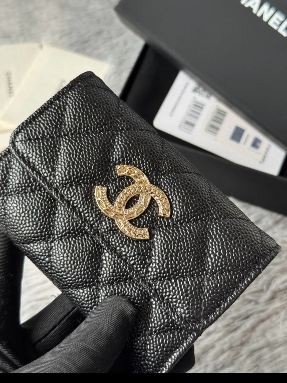 CHANEL Black Quilted Caviar Leather Card Holder with Gold CC Emblem